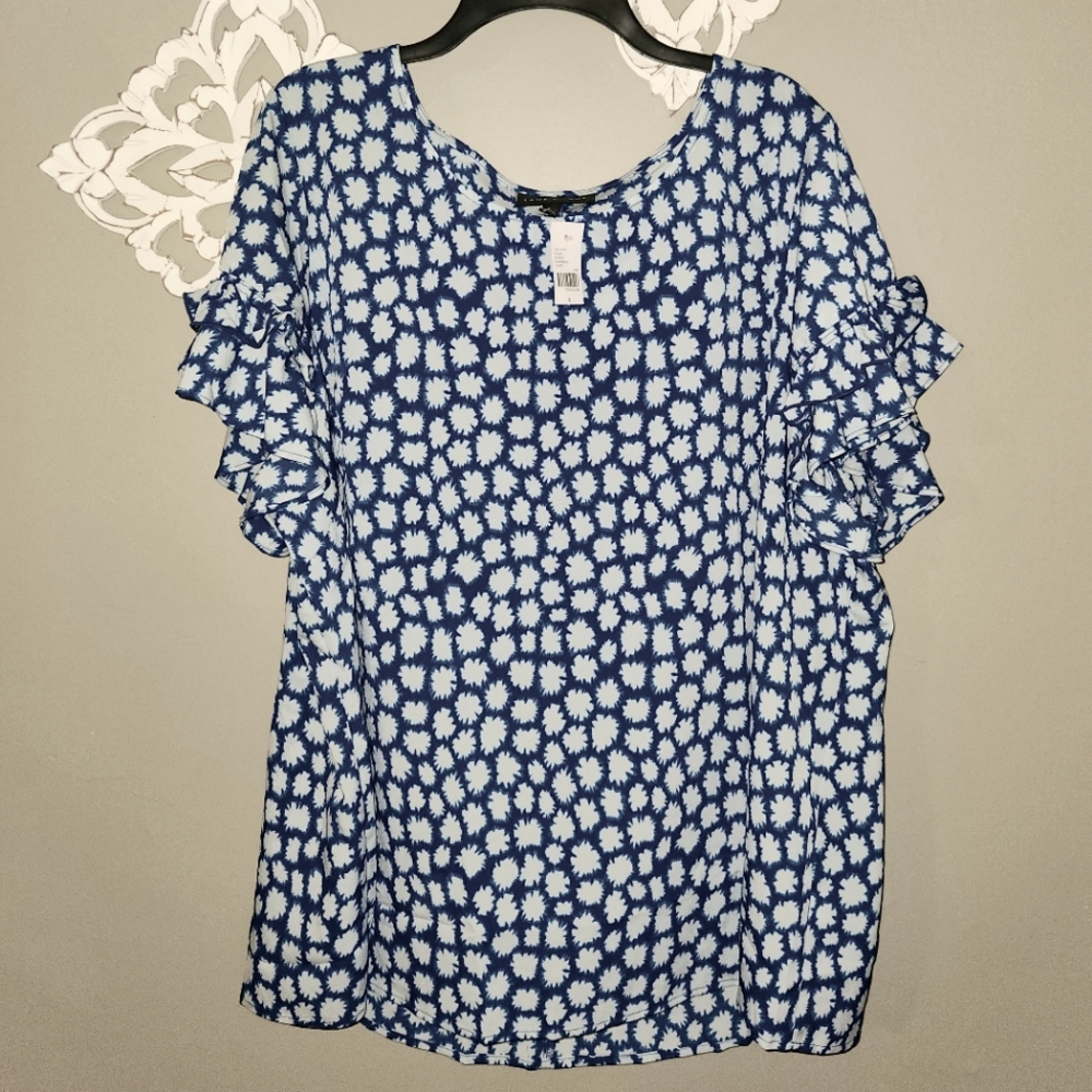 Lane Bryant Size 22 Plus Blouse Blue with Ruffle Sleeves